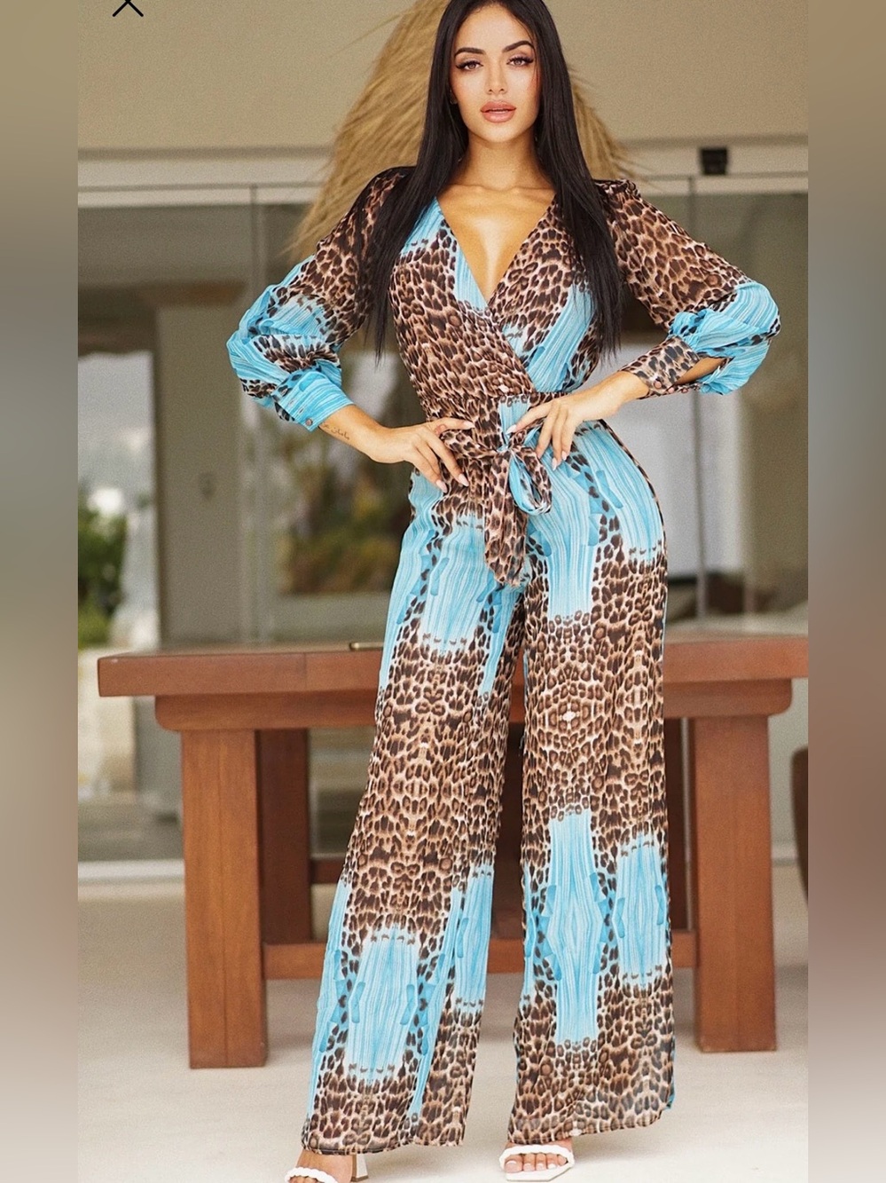 Fashion Nova Kacey Long Sleeve‎ Jumpsuit - Aqua/Combo